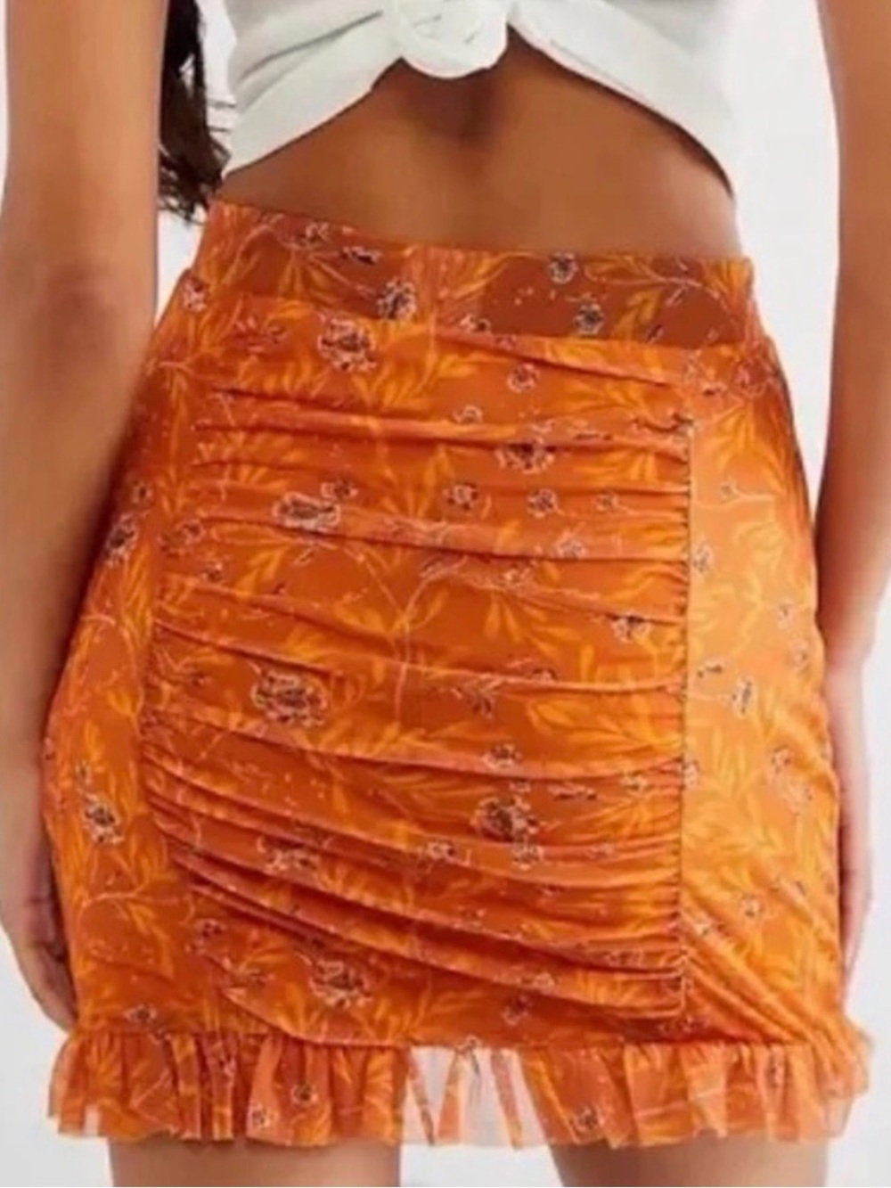 Free People Romi Mesh Ruched Mini Skirt Orange Combo Floral Ruffle High Rise M